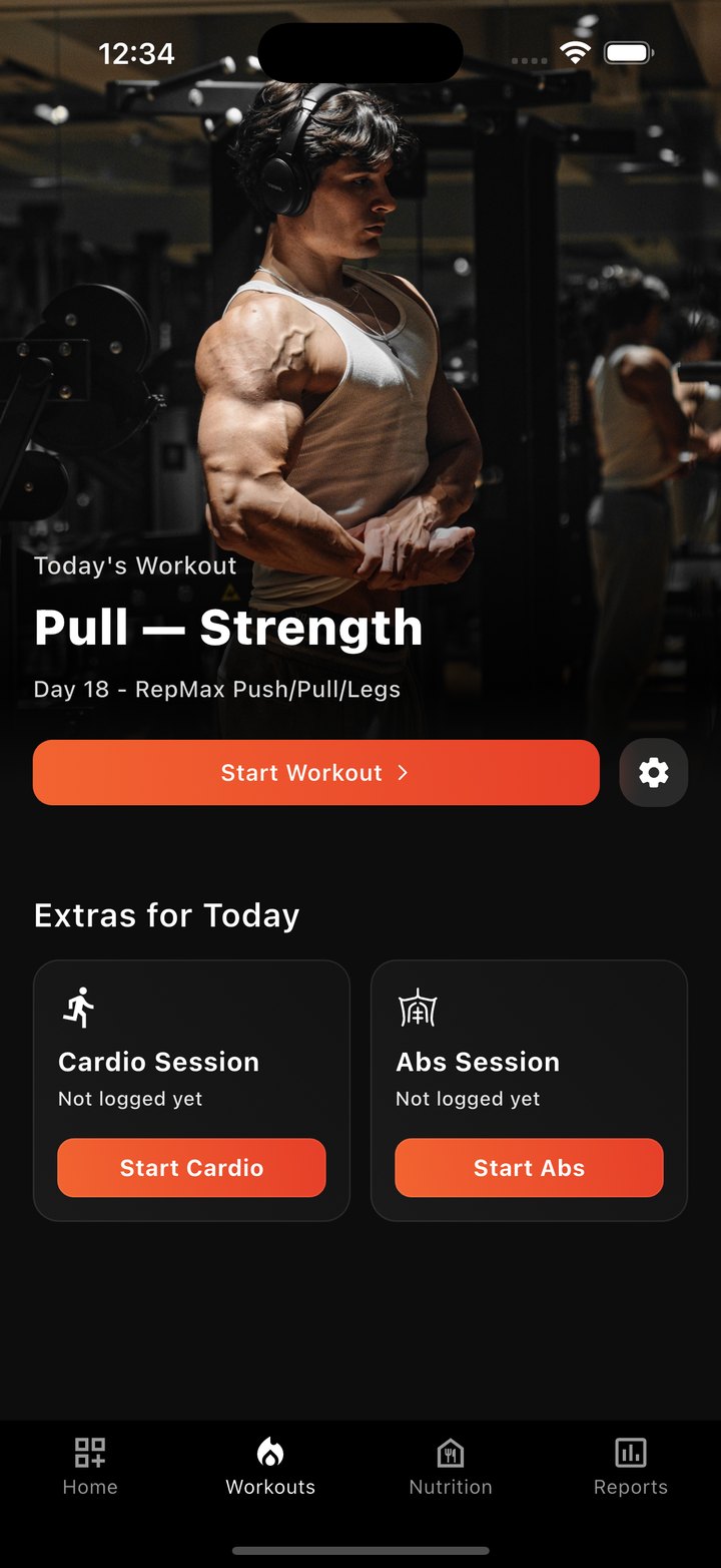 Today's programmed workout in RepMax: Pull, Strength, day 18 of a push/pull/legs program.